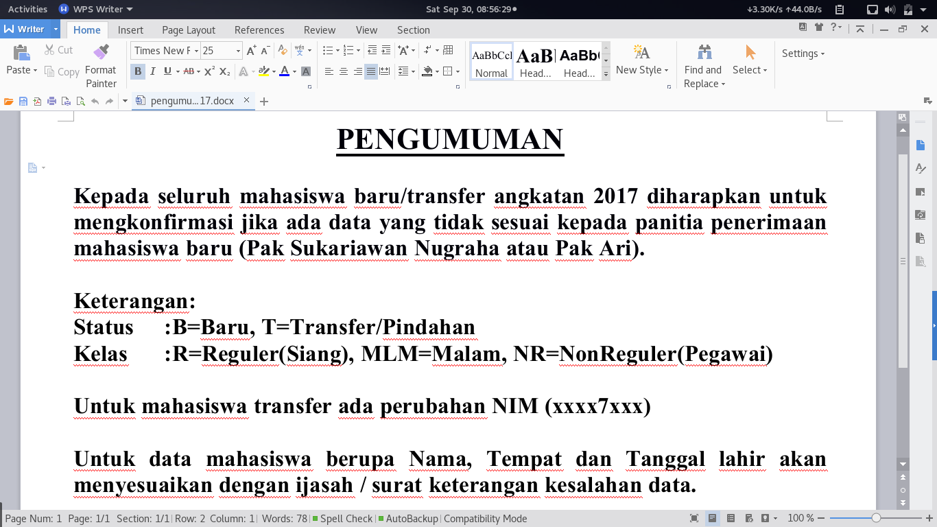 Pengumuman Mahasiswa Konfirmasi Panitia Penerimaan Mahasiswa Baru untuk Nim dan Nama