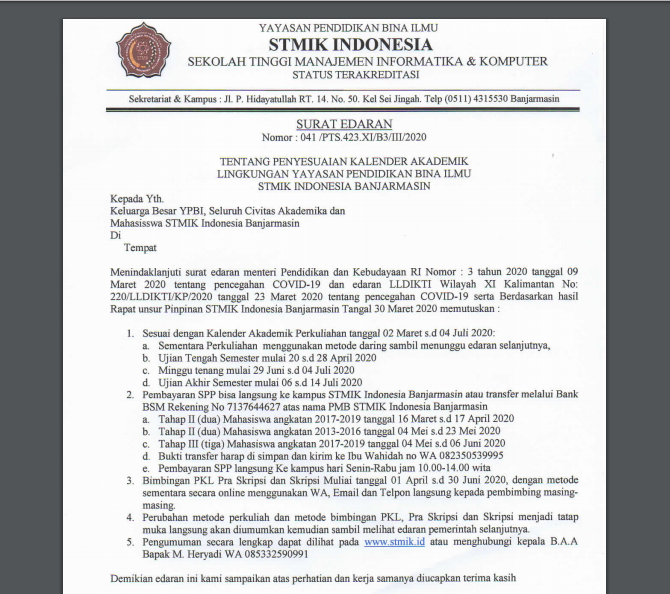 Surat Edaran 31 Maret 2020 STMIK Indonesia Banjarmasin